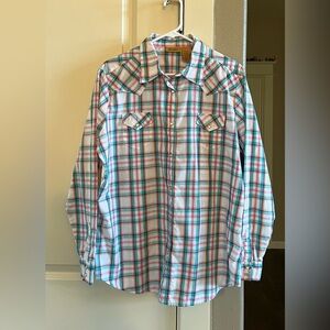 Women’s XL Wrangler Blue Green White Brown Pink‎ Pearl Button Down Plaid Shirt